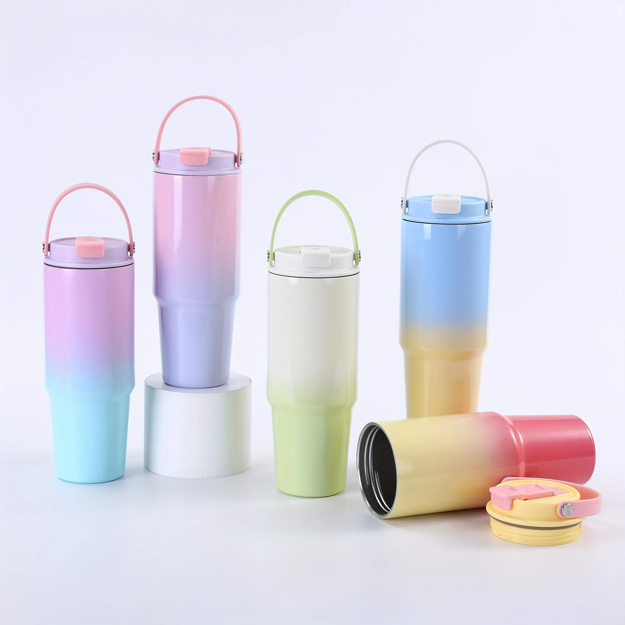 17oz/500ml, Gradient Stainless Steel Insulated Tumbler, 304 High-Capacity Outdoor Travel Cup With Handle, Portable Vehicle Thermal Mug, Aesthetic Large Water Bottle