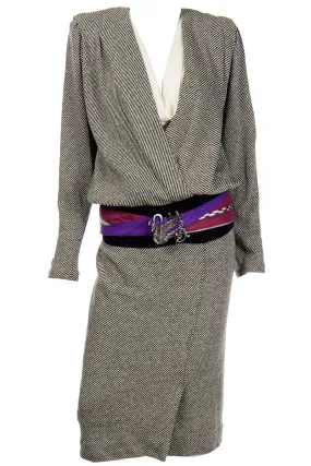 1980s Norma Walters 2 Pc Vintage Black & White Dress With Colorful Belt