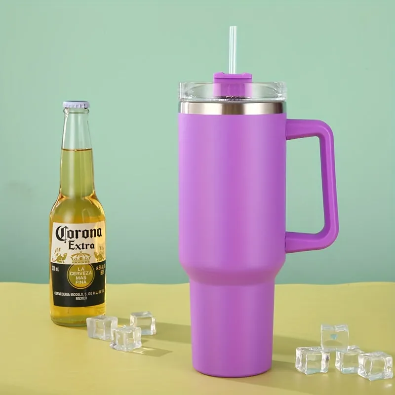 1pc Vacuum Flask With Straw Handle 40oz/1200ml, Portable Thermal Bottles, Stainless Steel Leakproof Tumbler, Heat And Cold Retention, Insulated Cup With Lid For Outdoor Camping, Hiking, Driving, Car Travel Cup, Drinkware