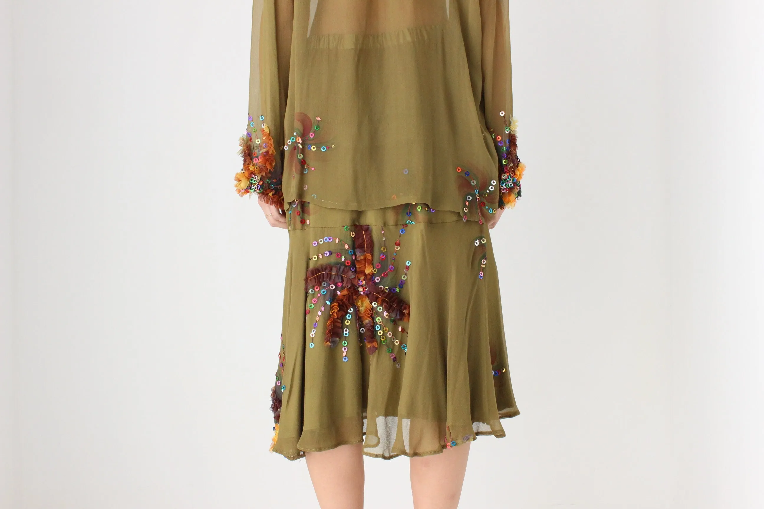 80s Pure Silk Wearable Art Matching Two Piece Skirt & Top Set