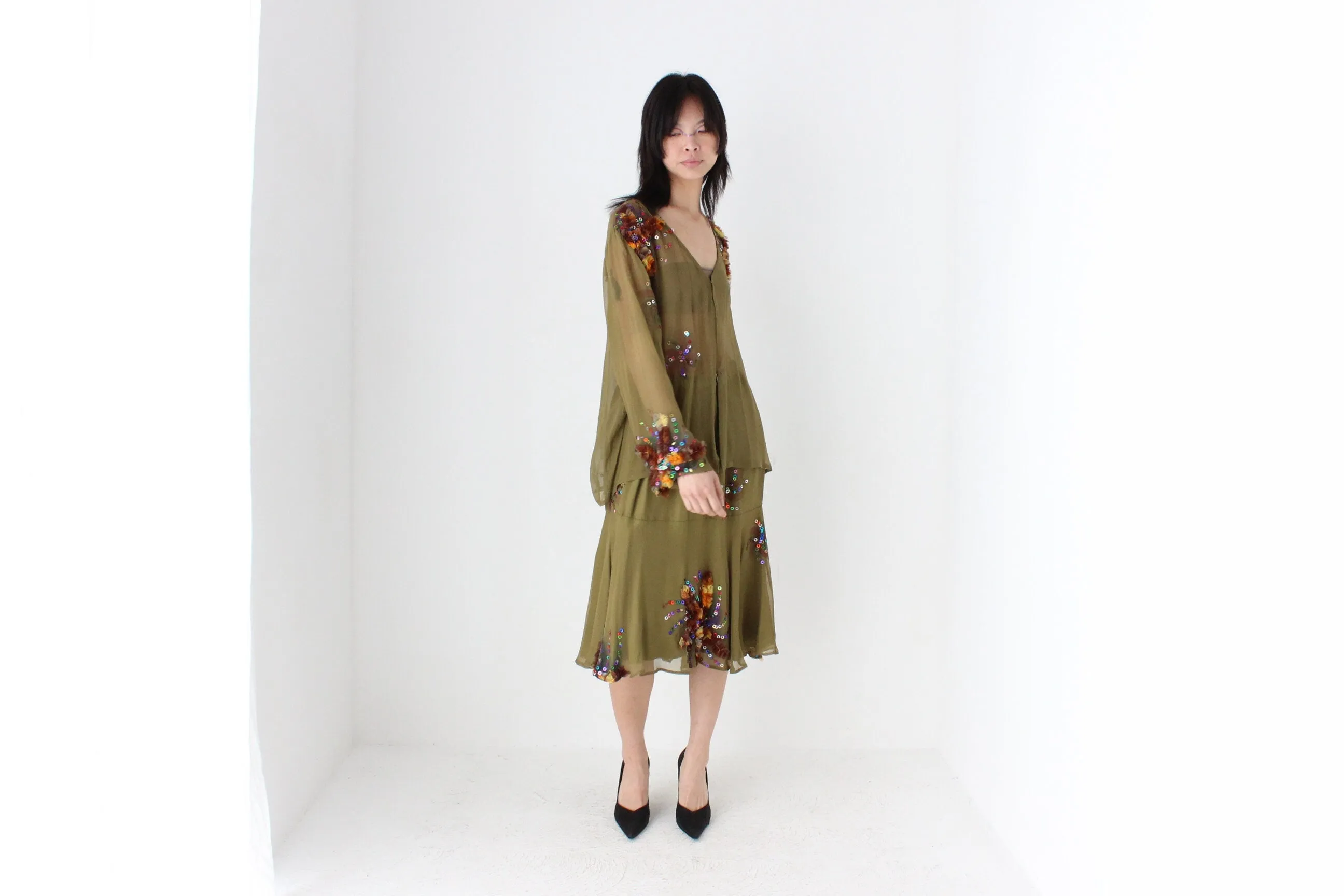 80s Pure Silk Wearable Art Matching Two Piece Skirt & Top Set