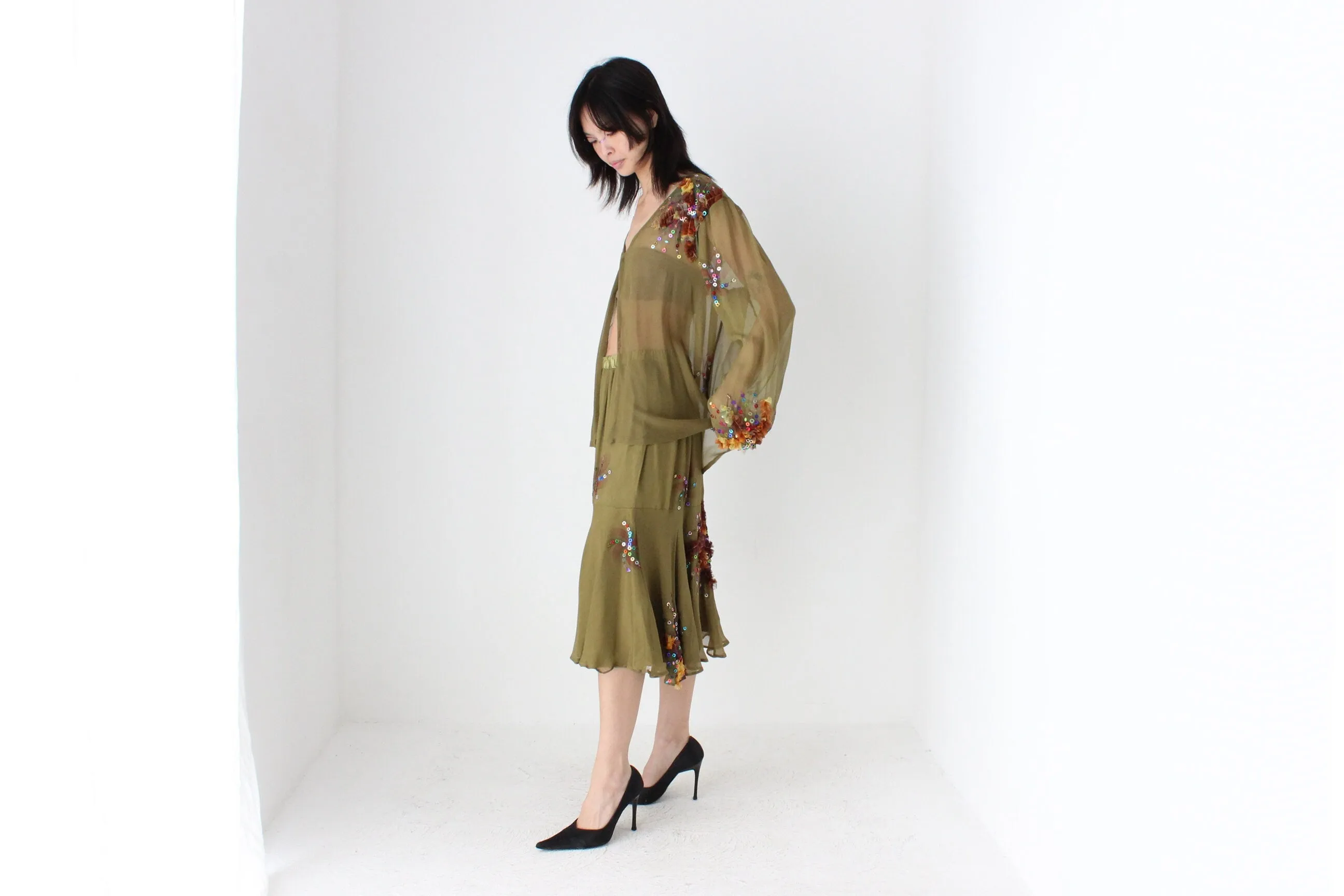 80s Pure Silk Wearable Art Matching Two Piece Skirt & Top Set