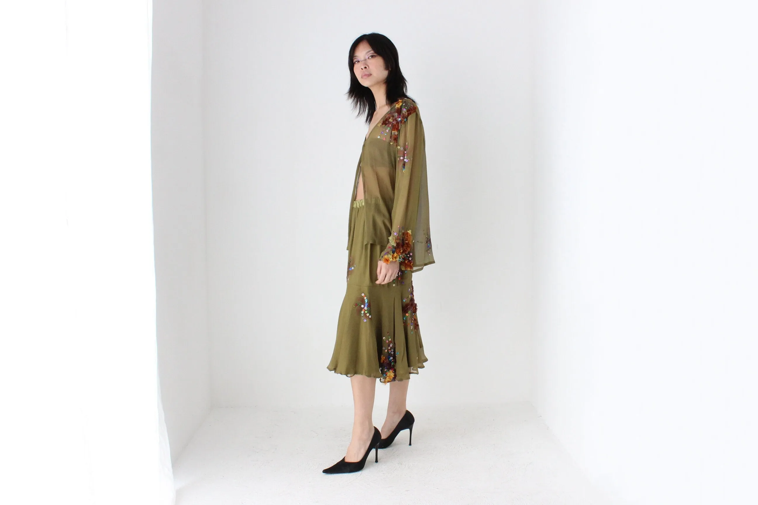 80s Pure Silk Wearable Art Matching Two Piece Skirt & Top Set