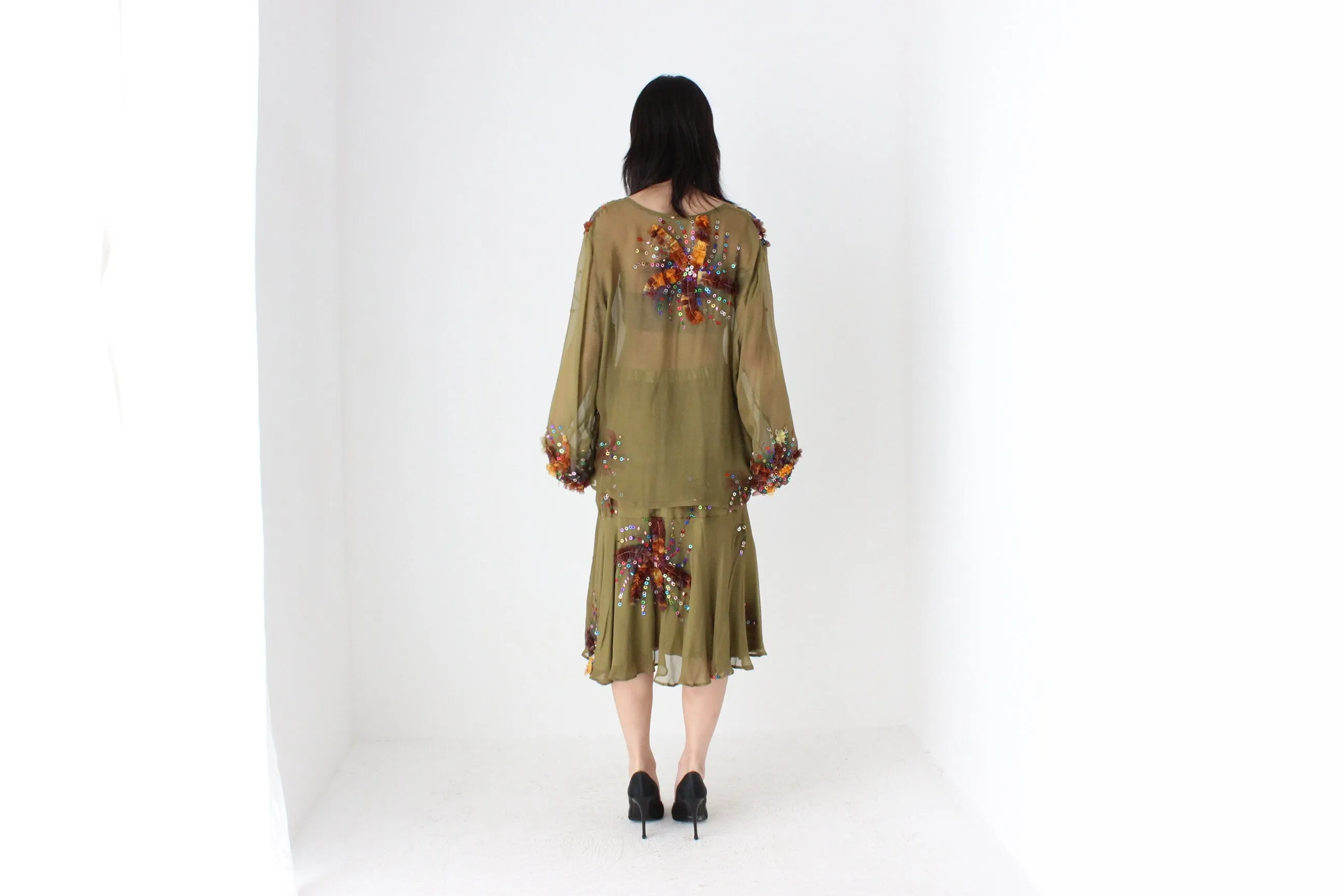 80s Pure Silk Wearable Art Matching Two Piece Skirt & Top Set