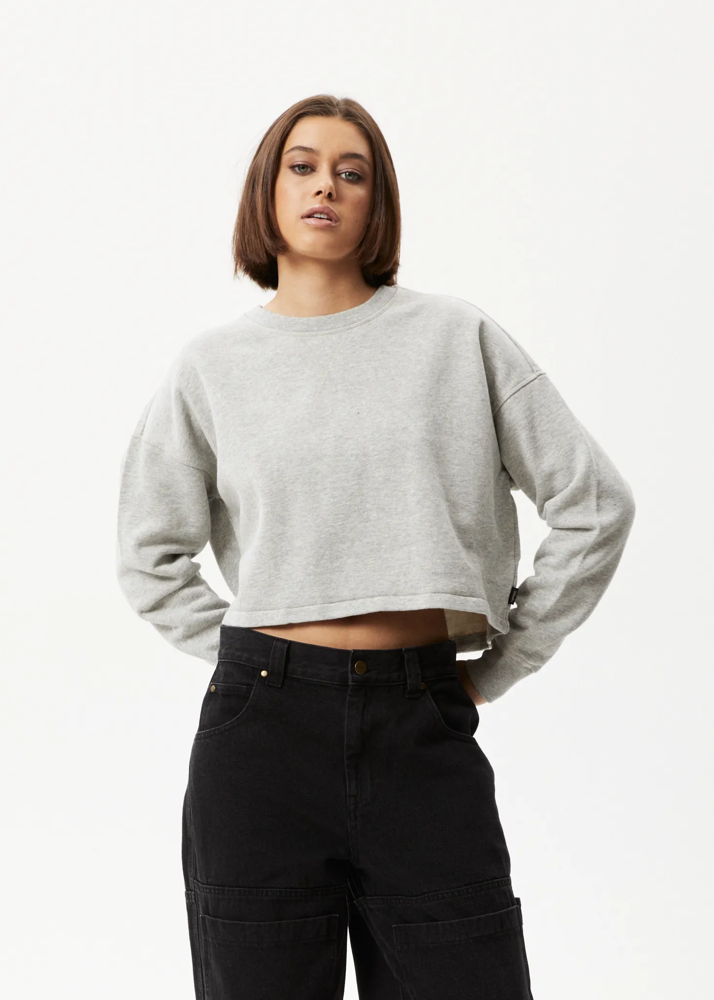 AFENDS Womens Down Town - Cropped Crew Neck Jumper - Grey Marle