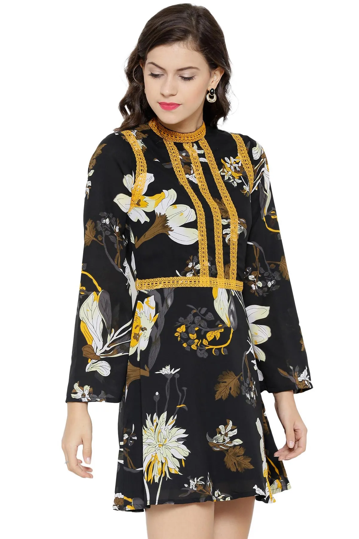 Black & Yellow Floral Skater Dress