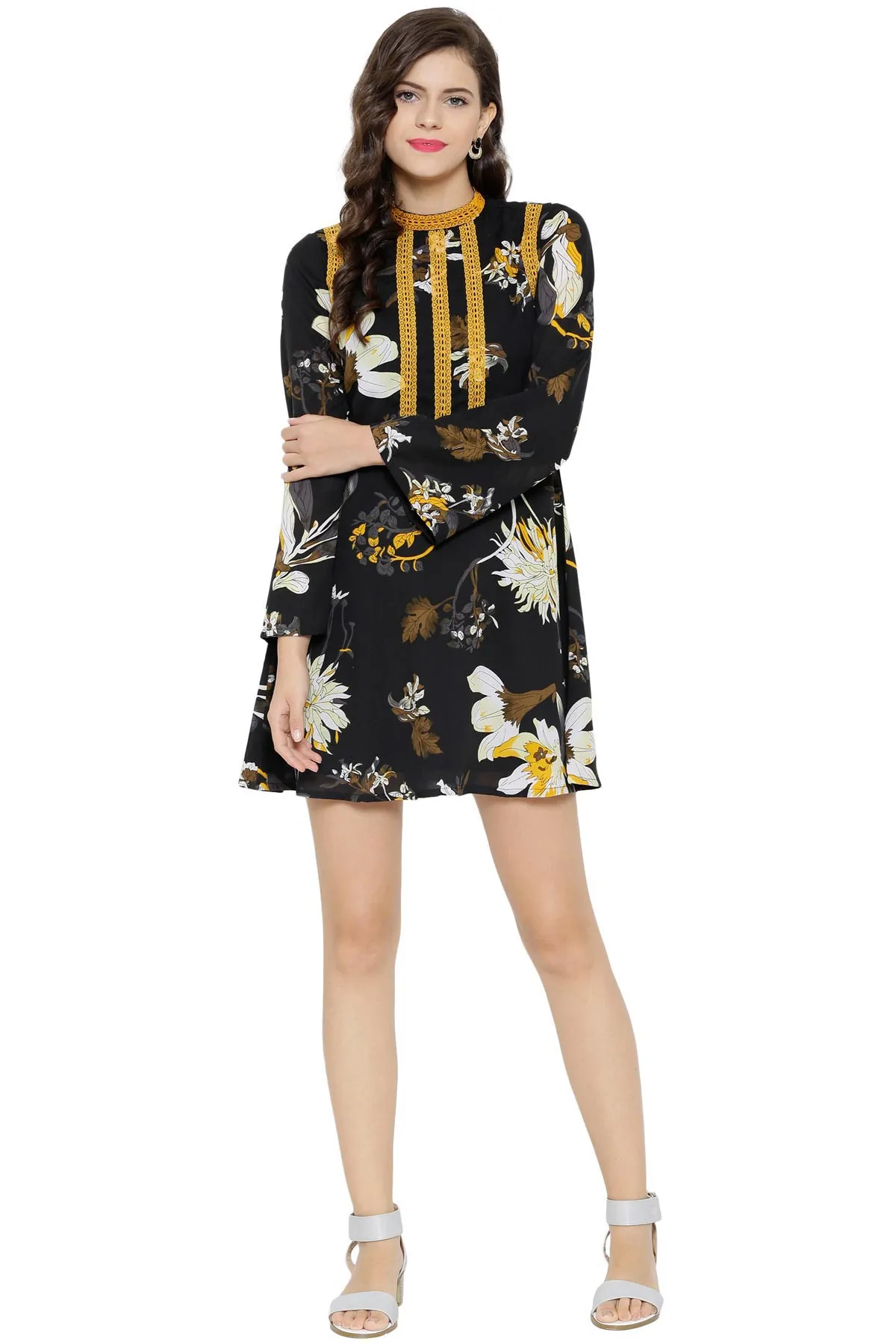 Black & Yellow Floral Skater Dress