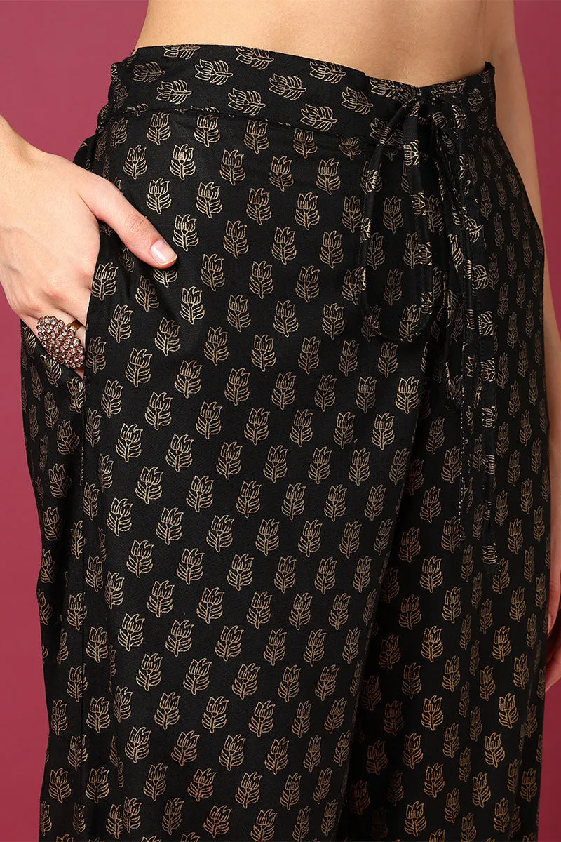 Black Viscose Rayon Solid Woven Design Straight Suit Set