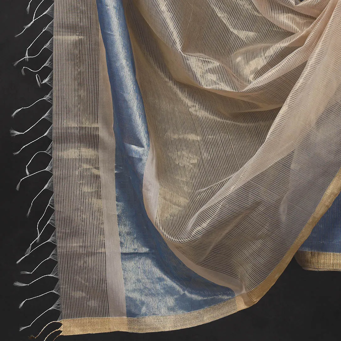 Blue - 2pc Maheshwari Silk Handloom Tissue Zari Stripes Suit Material Set