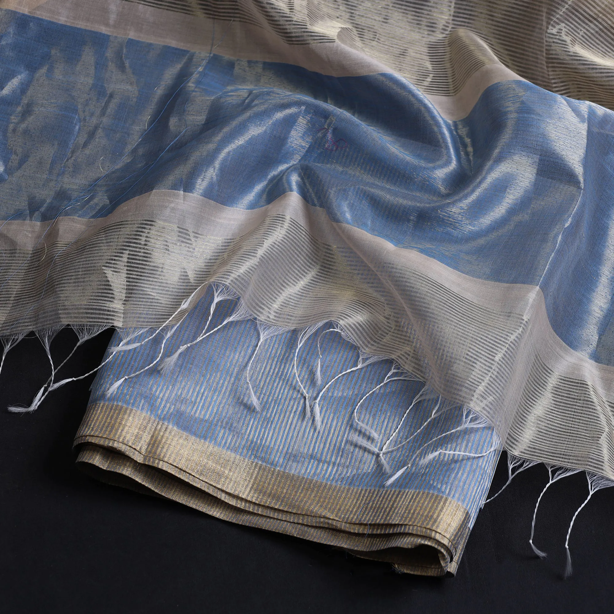 Blue - 2pc Maheshwari Silk Handloom Tissue Zari Stripes Suit Material Set