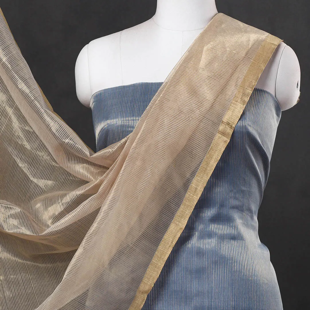 Blue - 2pc Maheshwari Silk Handloom Tissue Zari Stripes Suit Material Set