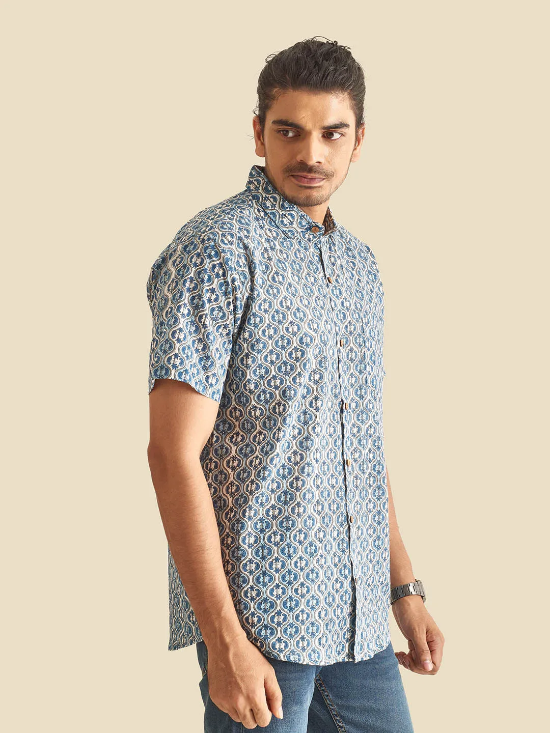 Blue and White Ethnic Block Printed Holiday Halfsleeves Cotton Shirt