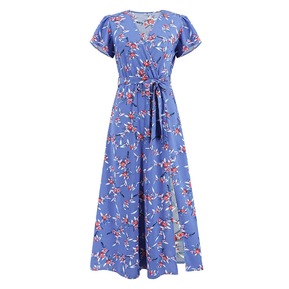 Blue Floral Maxi Dress | Wrap V Neck