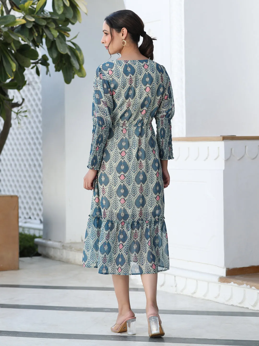 Blue Ikat Digital Printed Wrap Look Gerogette Dress
