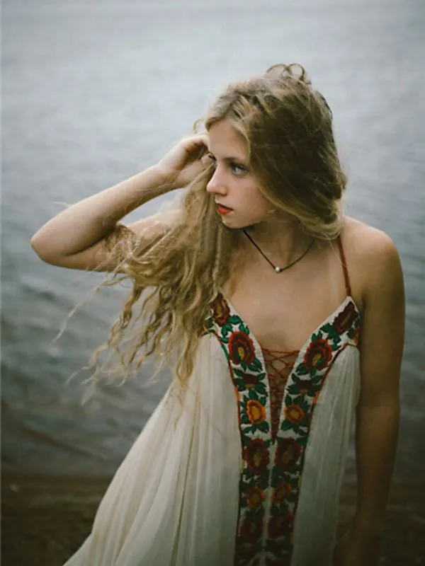 Bohemia Flower Inwrought Stripes V Neck Lace-Up Beach Long Dress