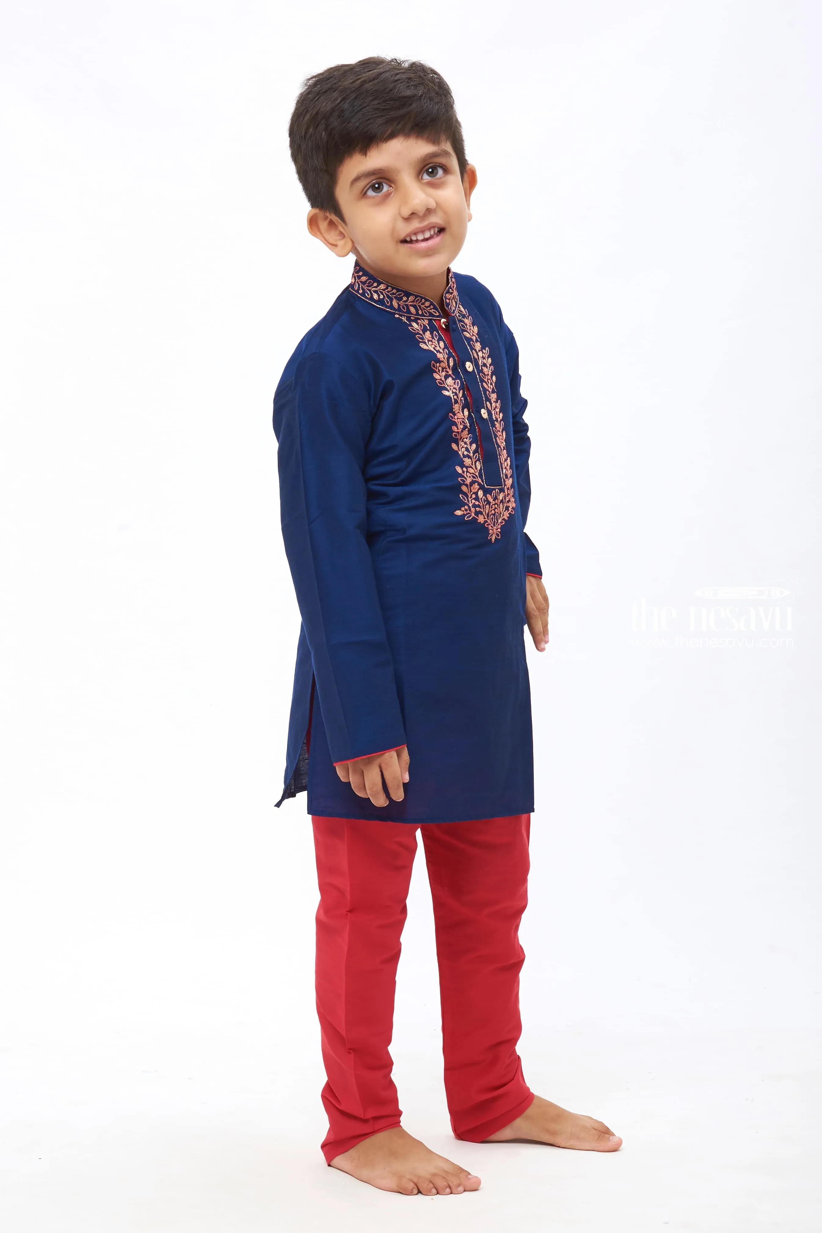 Boys Navy Blue and Red Embroidered Kurta with Pants Set - Festive Ethnic Attire for Kids