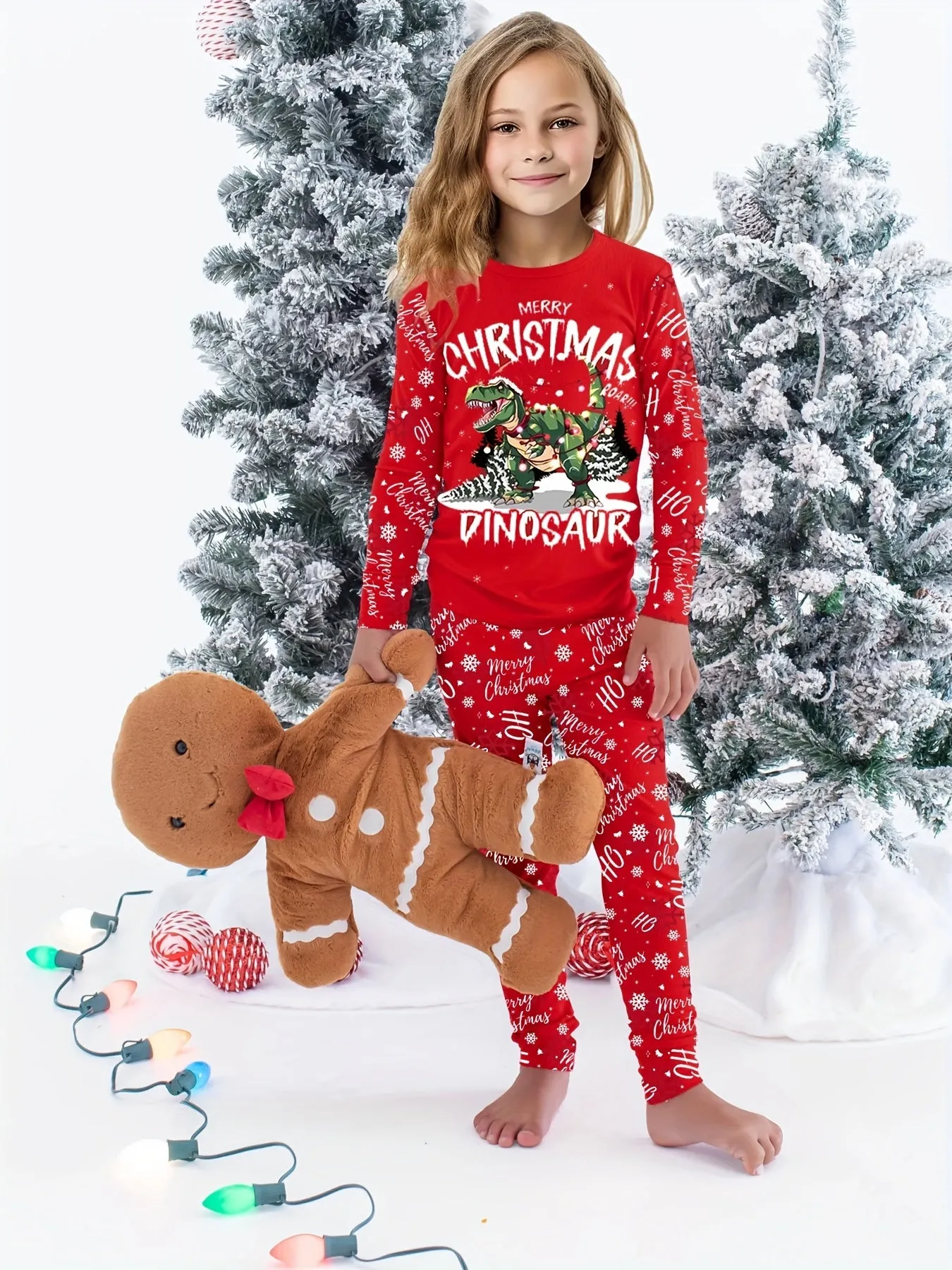 Boys/Girls Long Sleeve Top Long Pants Clothes Set, New Year Red Festival Christmas Dinosaur Print Windproof Warm Fleece High Elasticity Comfortable And Soft Underwear Set For Autumn/ Winter