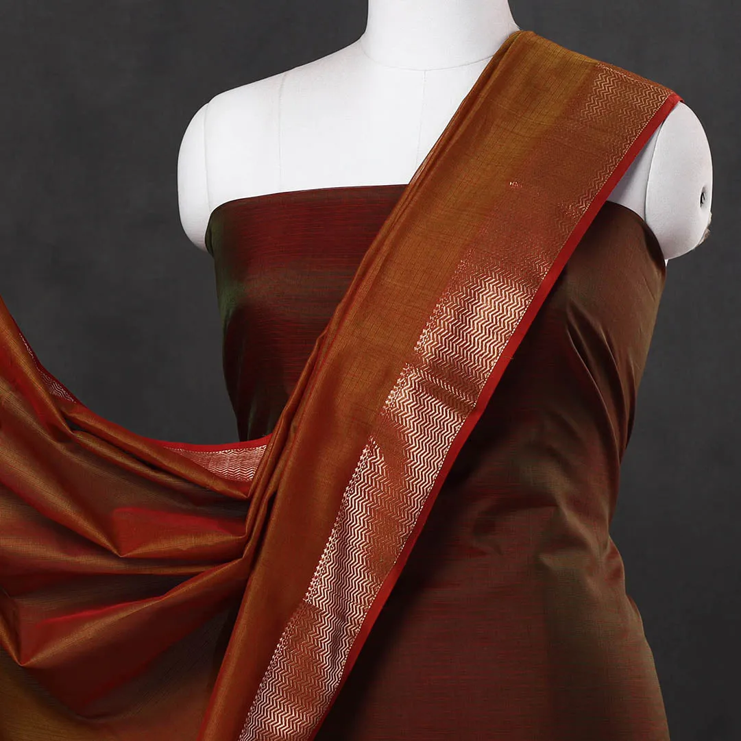 Brown - 2pc Maheshwari Silk Handloom Suit Material Set with Zari Border
