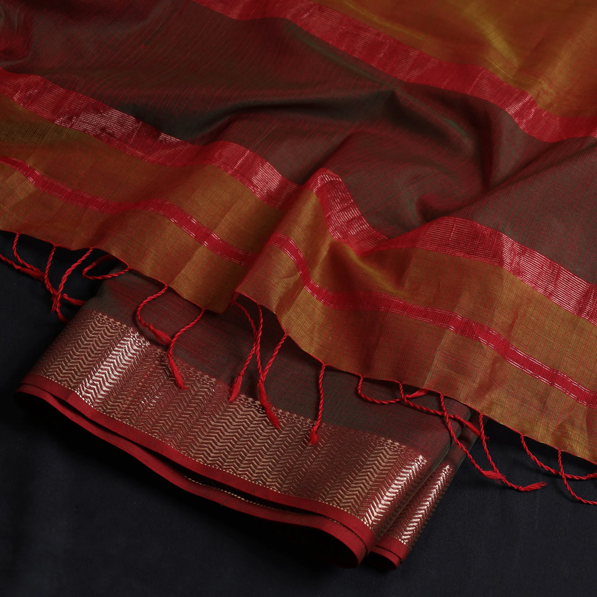 Brown - 2pc Maheshwari Silk Handloom Suit Material Set with Zari Border