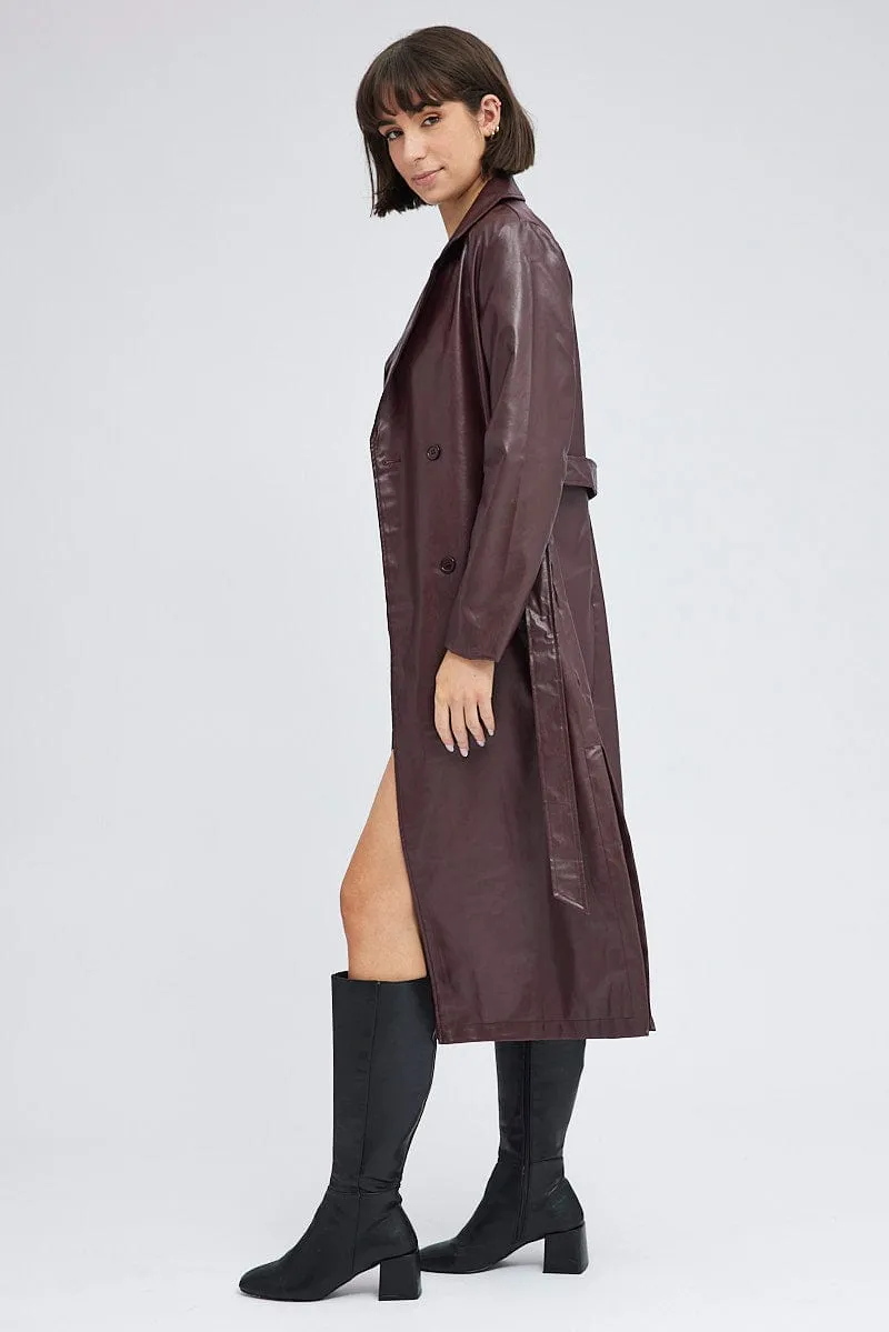 Brown Trench Coat Long Sleeves Faux Leather