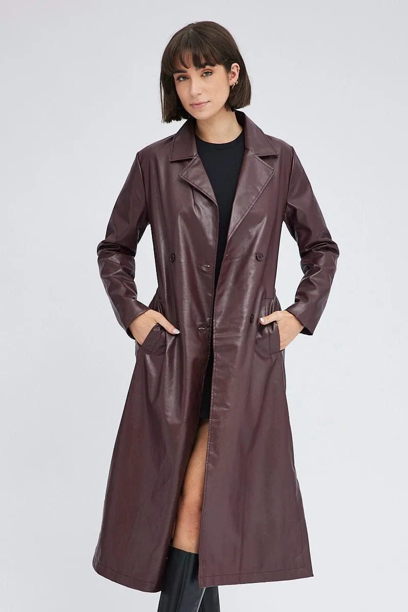 Brown Trench Coat Long Sleeves Faux Leather