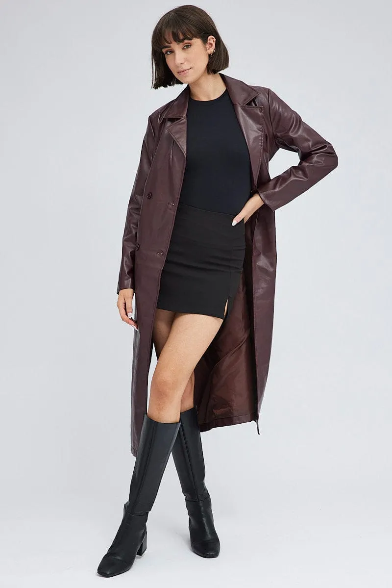 Brown Trench Coat Long Sleeves Faux Leather