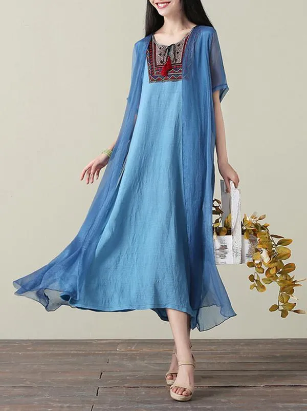 Casual Inwrought Printed Round Neck Short Sleeve Beach Maxi Dress