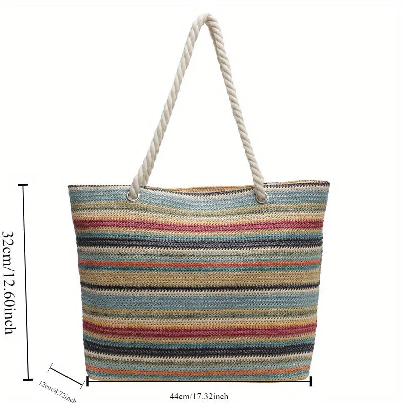 Chic Summer Striped Straw Tote Bag - Large Capacity, Fashionable Shoulder Handbag for Women