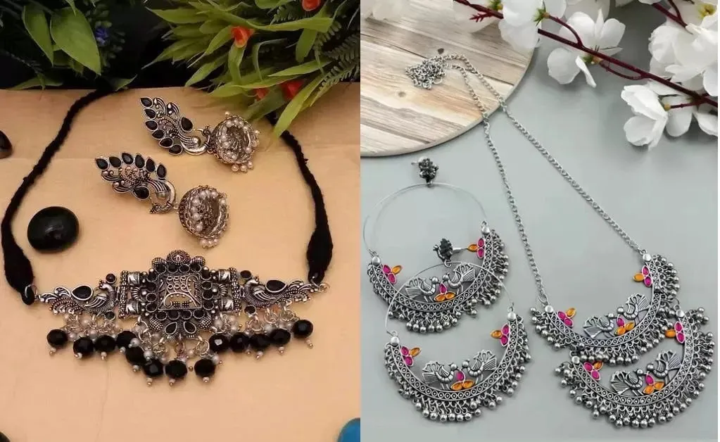 Combo Of 2 Silver-Plated Stone Studded & Beaded Jewellery Set