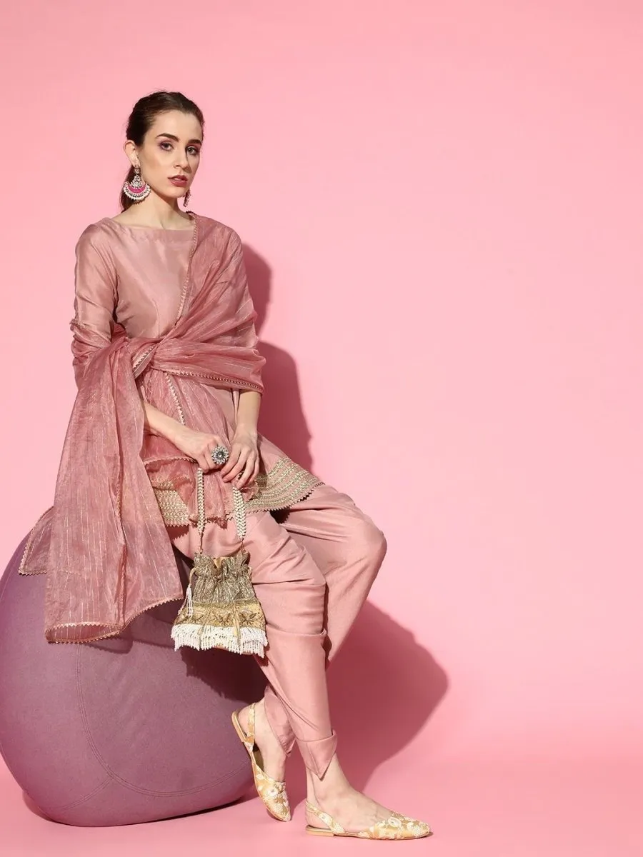Dirty Pink Panelled Kurta with Dhoti Pants and Organza Dupatta