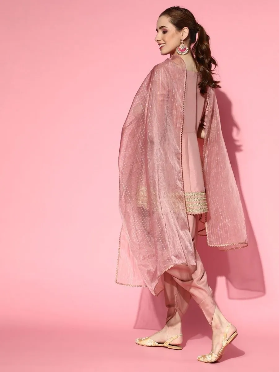 Dirty Pink Panelled Kurta with Dhoti Pants and Organza Dupatta