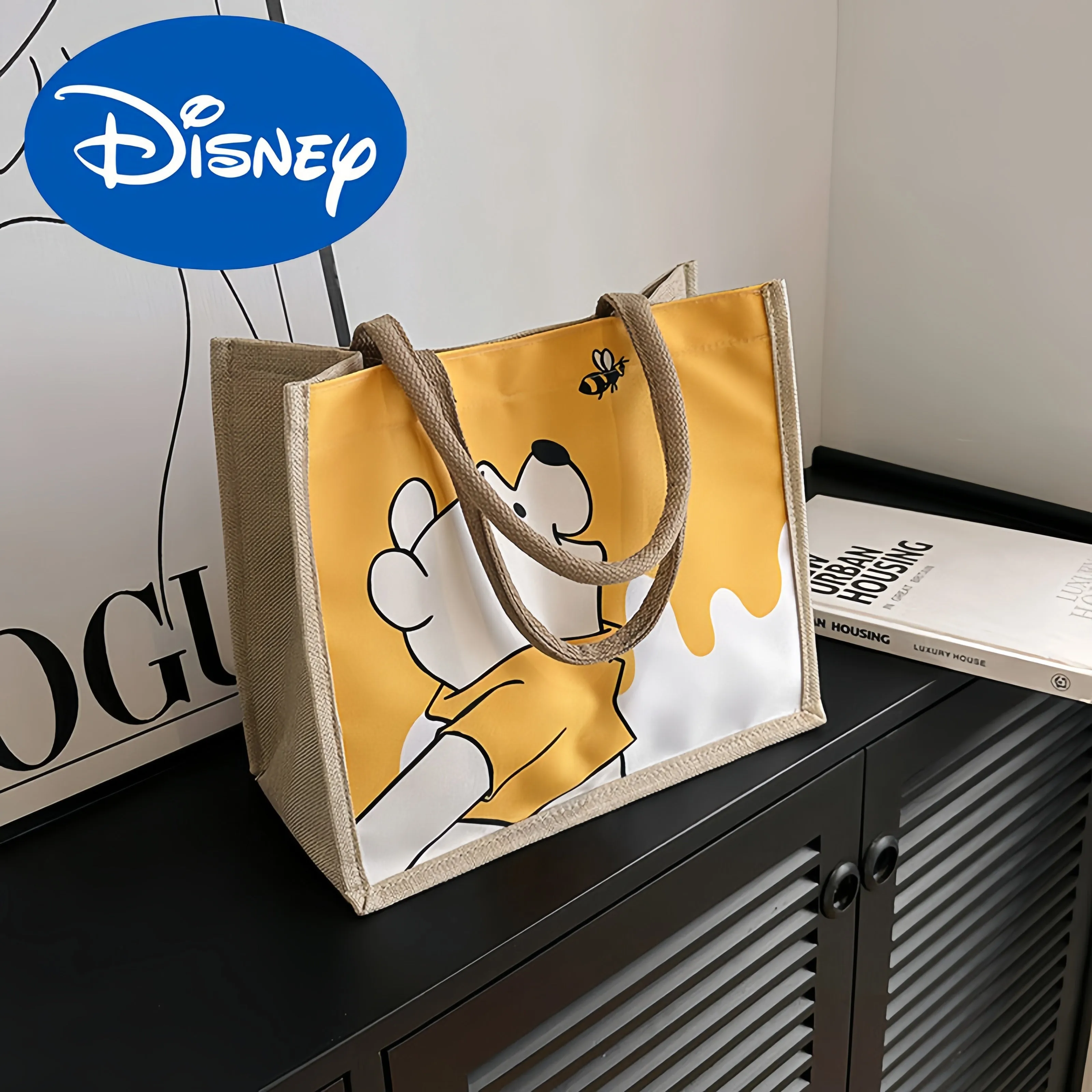 Disney Winnie The Pooh Shoulder Bag Cartoon Commuting Tote Bag Large Capacity Women's Handheld Bento Bag