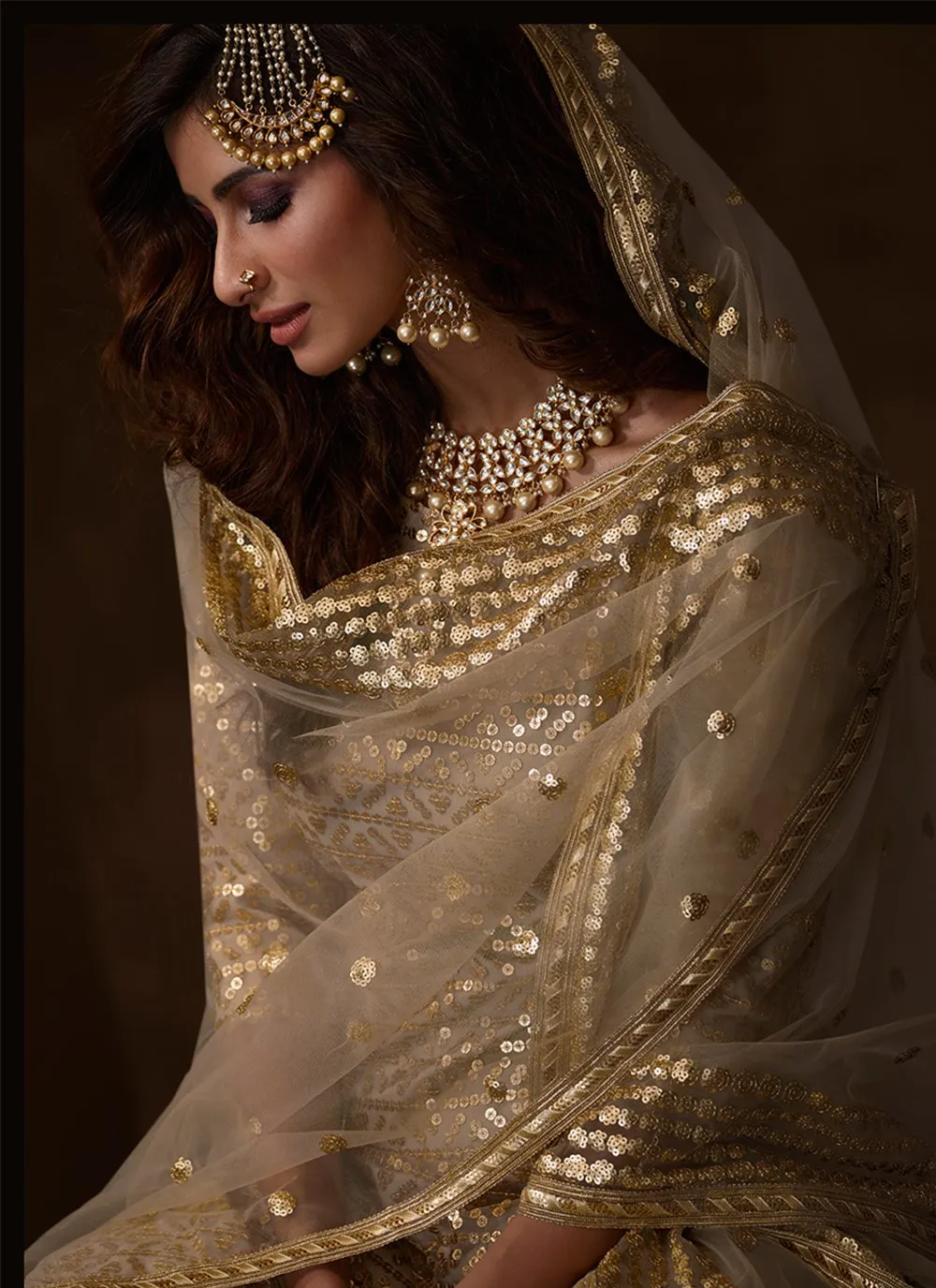 Dusky Beige Color Embroidered Designer Net Palazzo Suit