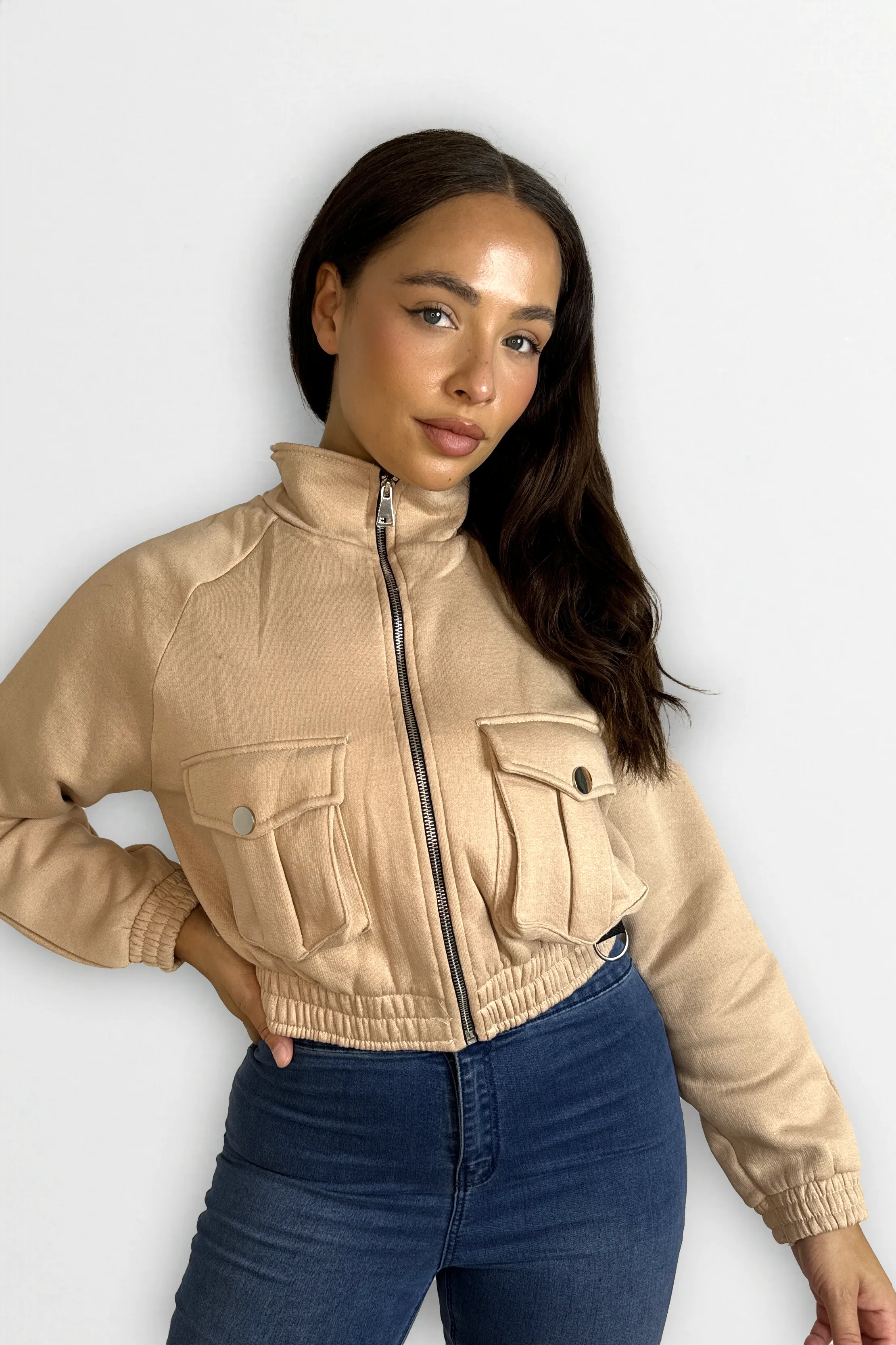 Fleeced High Neck Large Pocket Cropped Bomber Jacket