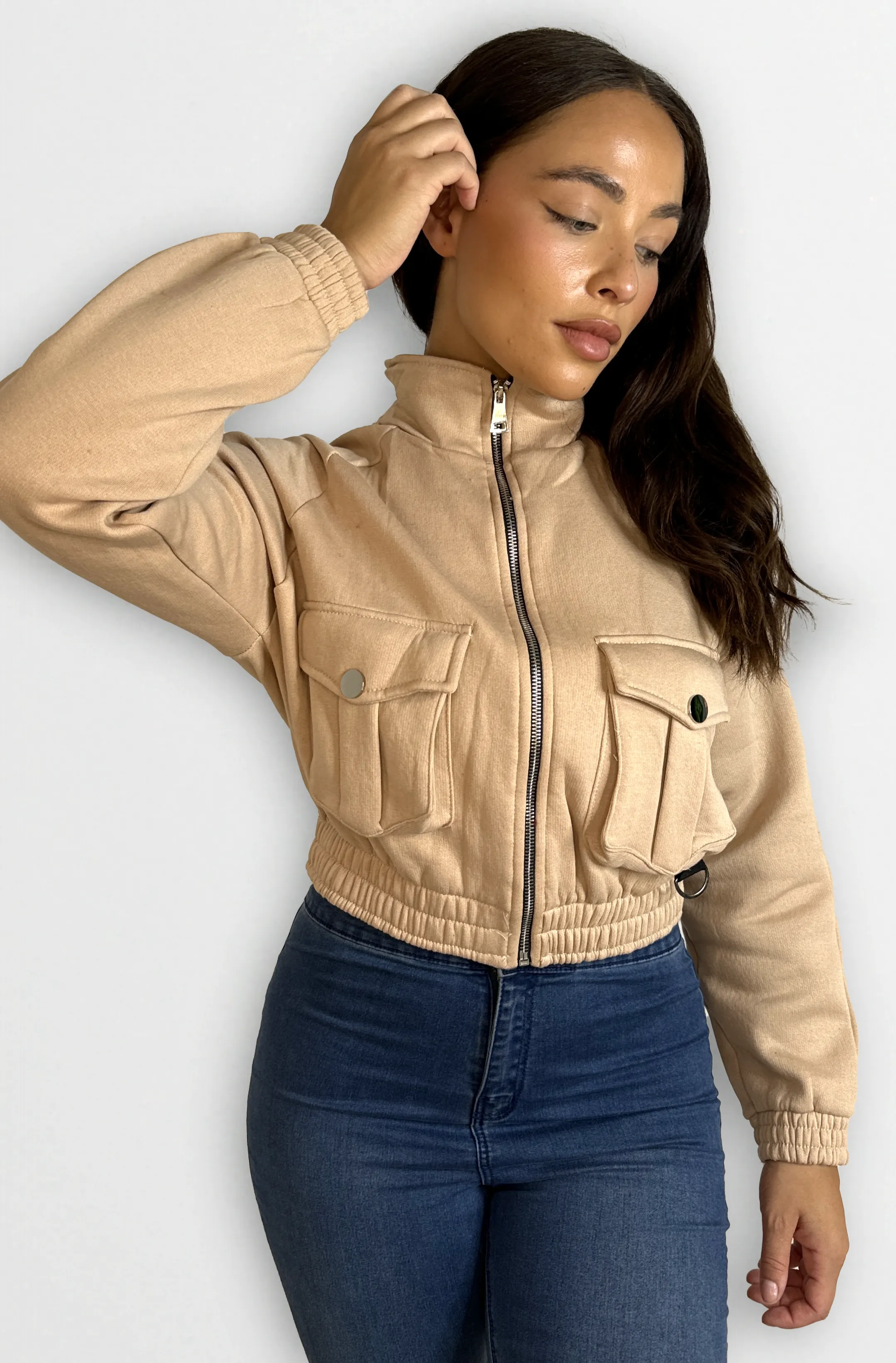 Fleeced High Neck Large Pocket Cropped Bomber Jacket