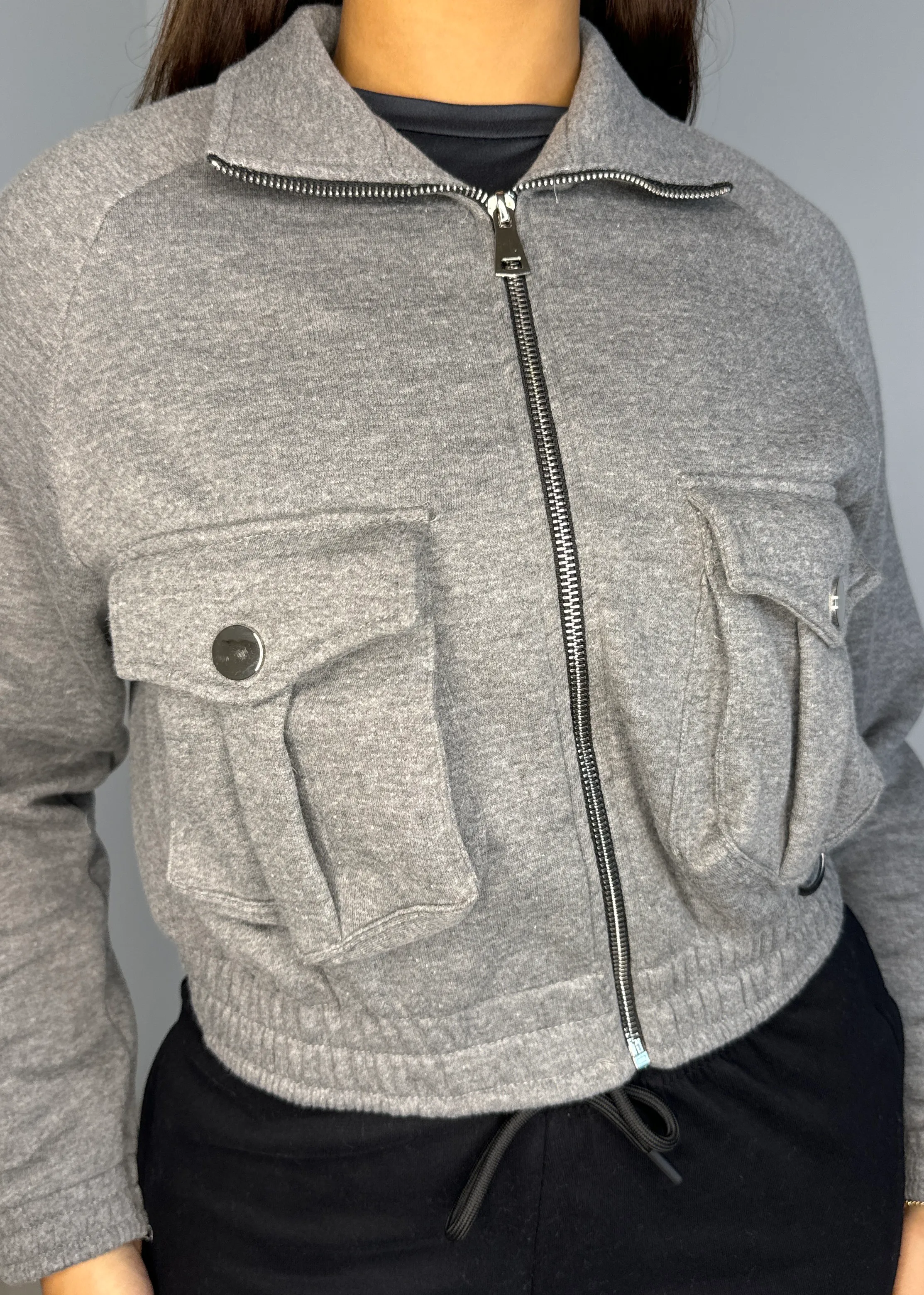 Fleeced High Neck Large Pocket Cropped Bomber Jacket