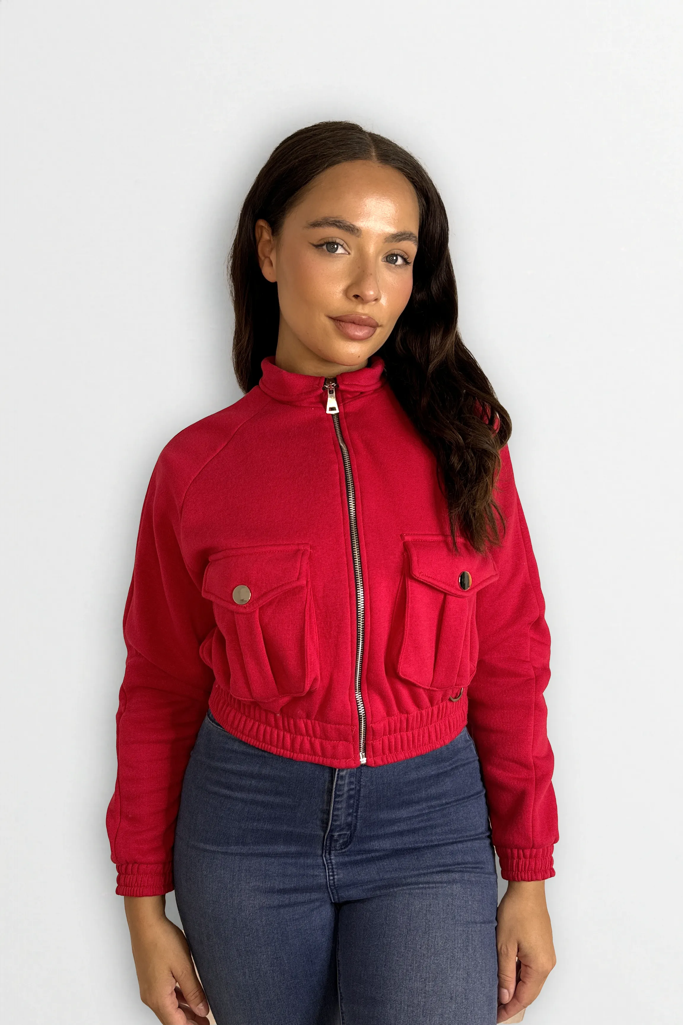 Fleeced High Neck Large Pocket Cropped Bomber Jacket