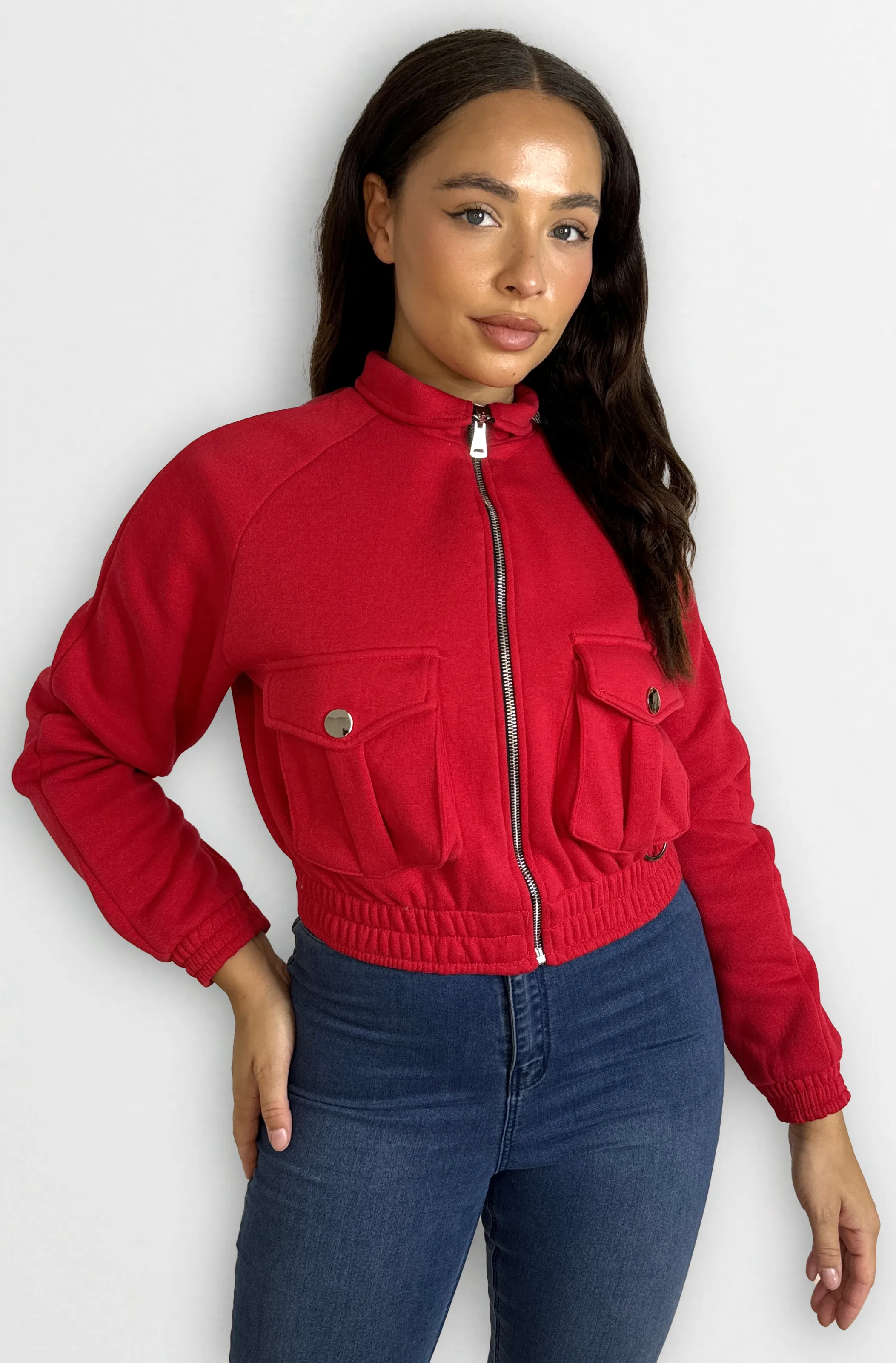 Fleeced High Neck Large Pocket Cropped Bomber Jacket