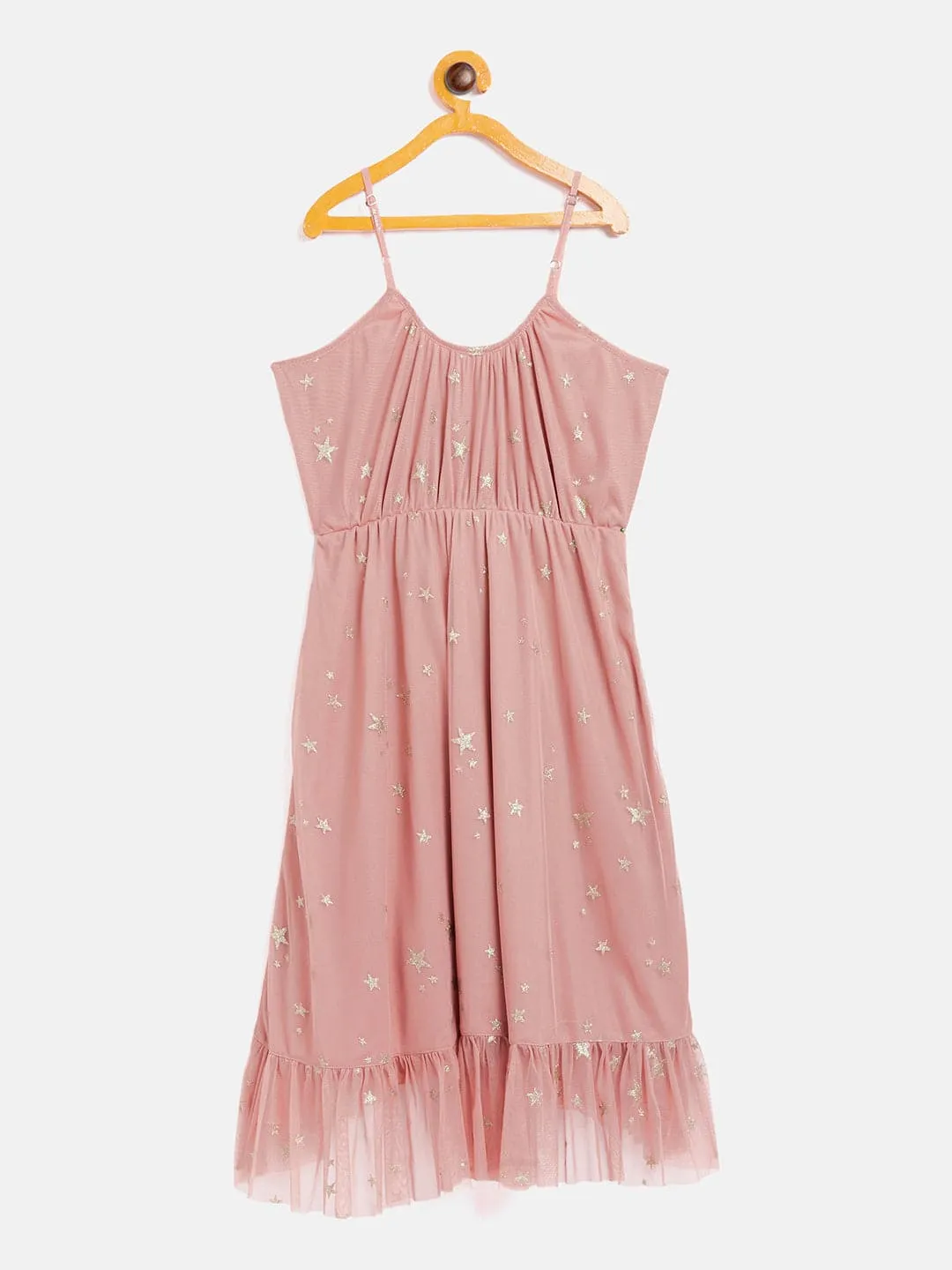 Girls Dusty Pink Mesh Lurex Strappy High Low Dress