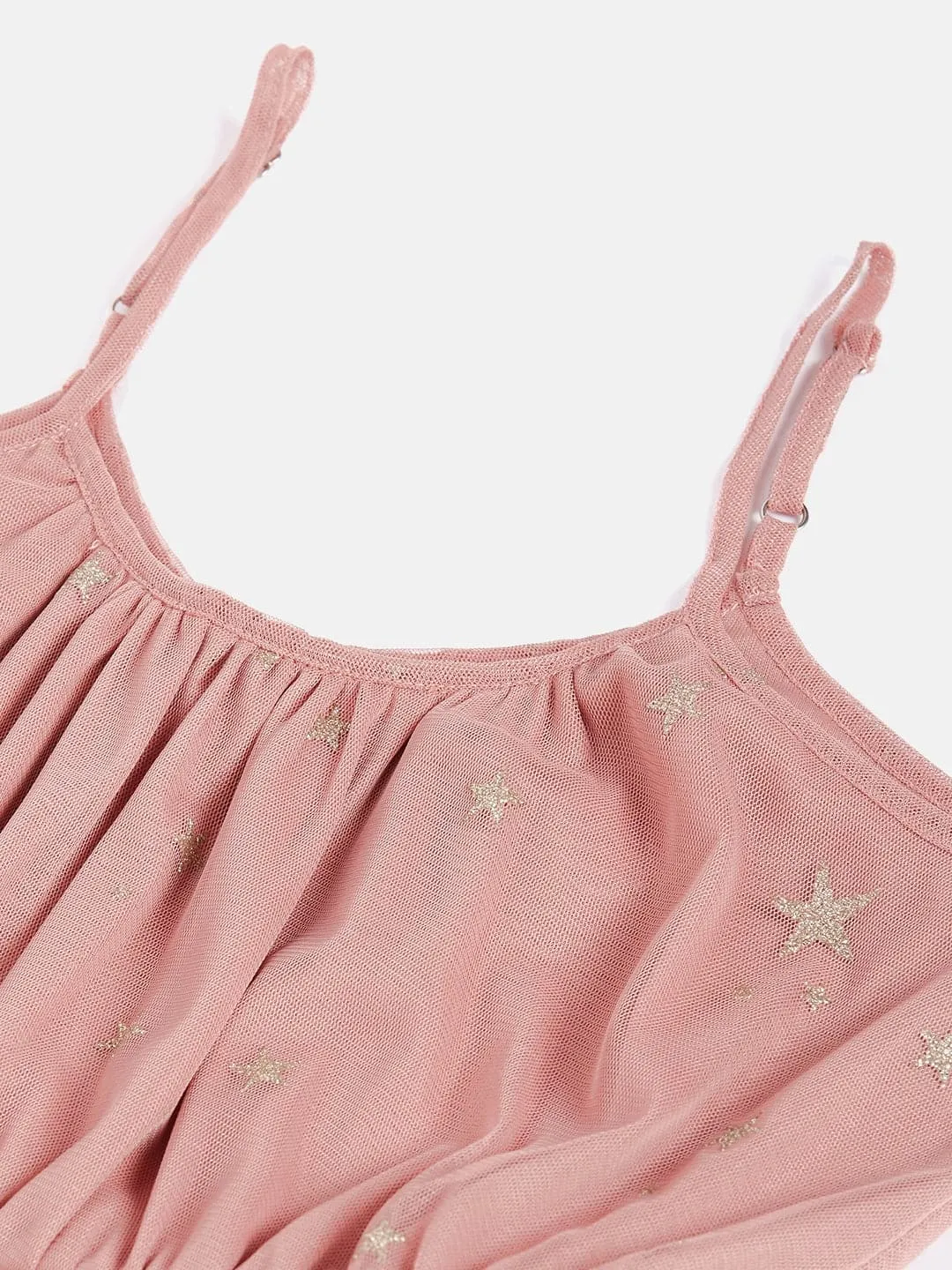 Girls Dusty Pink Mesh Lurex Strappy High Low Dress