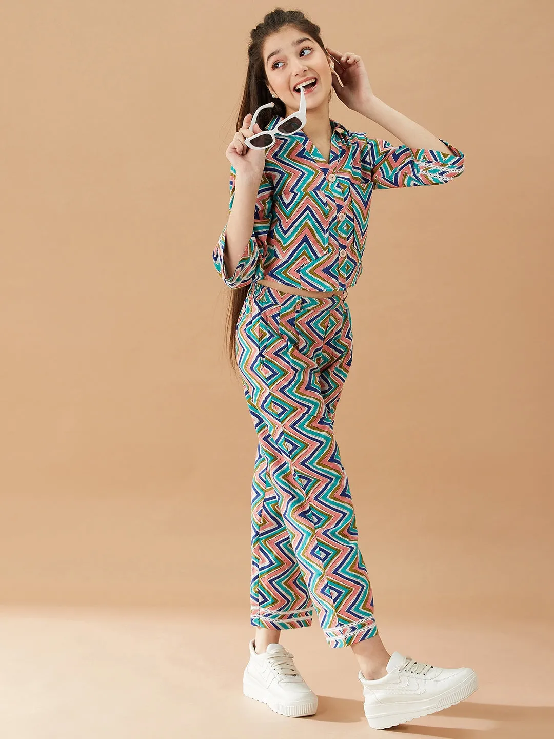 Girls Printed Pure Cotton Shirt With Trousers