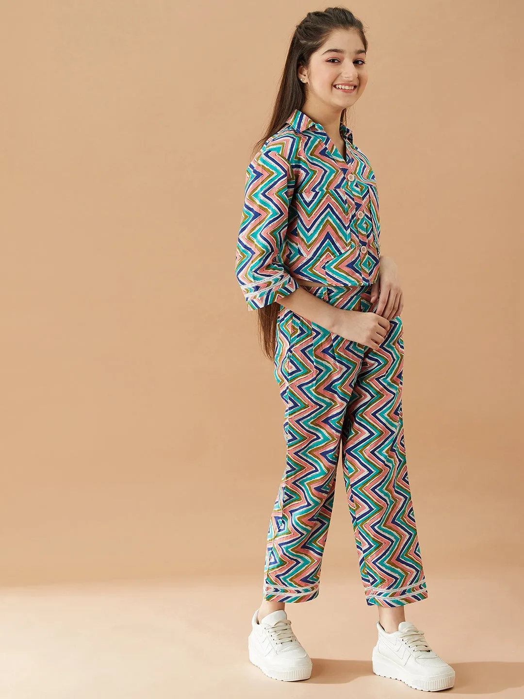 Girls Printed Pure Cotton Shirt With Trousers