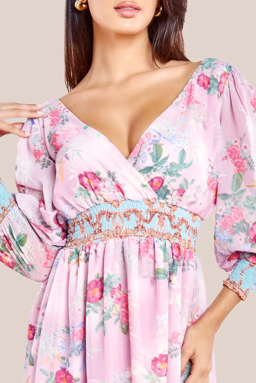 Goddiva Chiffon Wrap Border Floral Print Midi Dress - Pink
