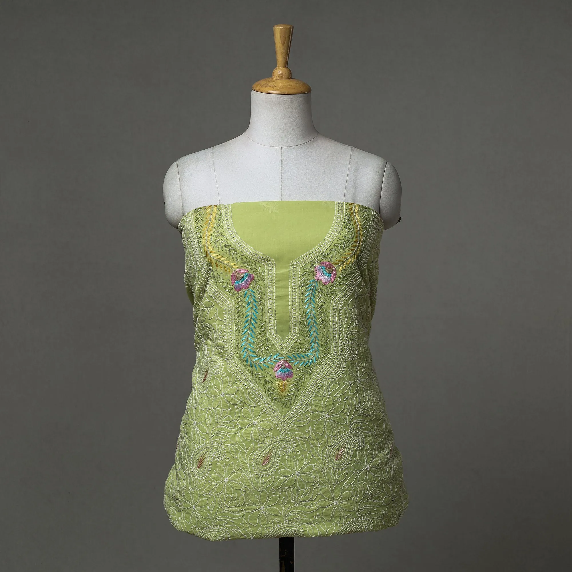 Green - Lucknow Chikankari with Parsi Style Embroidered Cotton Kurta Material - 2.95 Meter