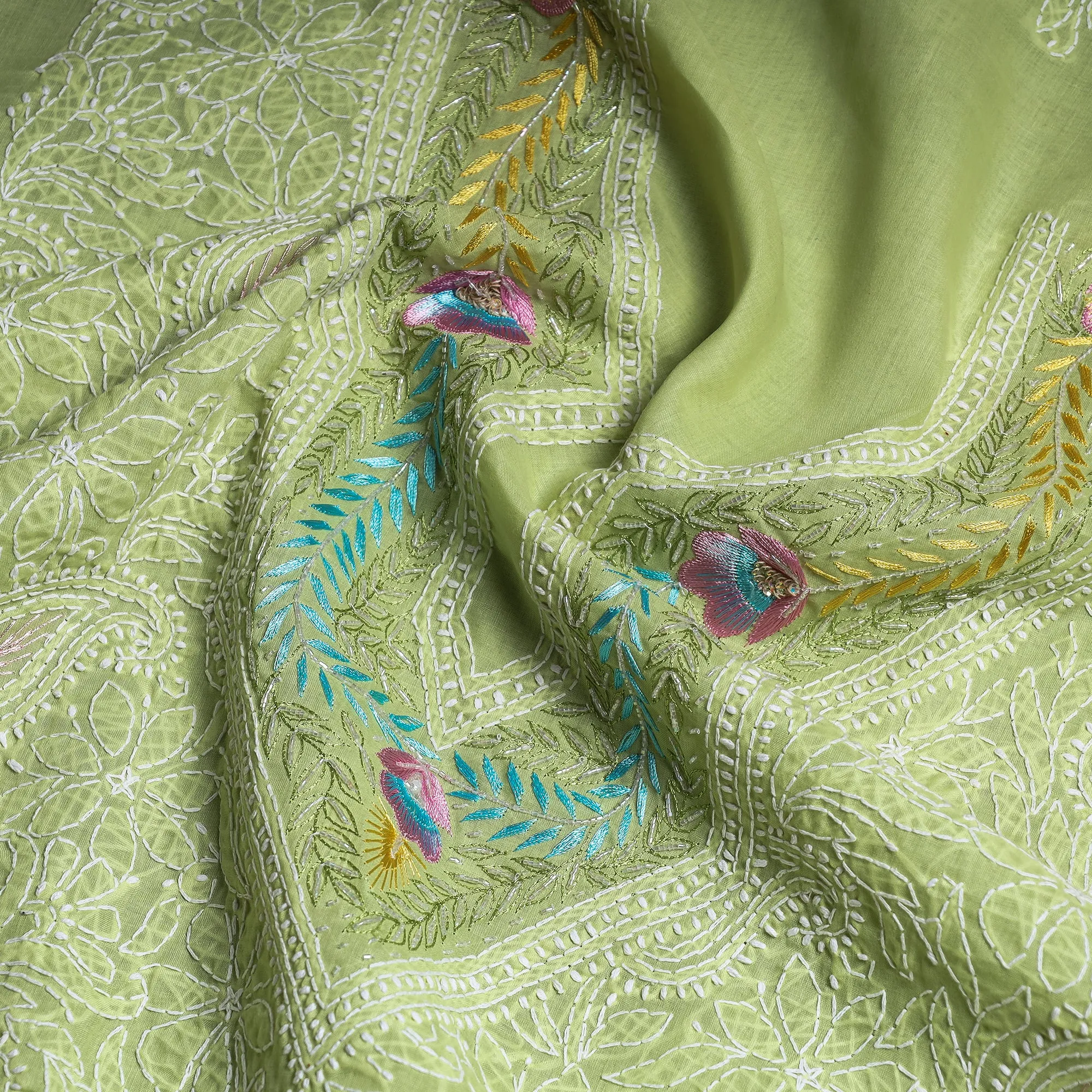 Green - Lucknow Chikankari with Parsi Style Embroidered Cotton Kurta Material - 2.95 Meter