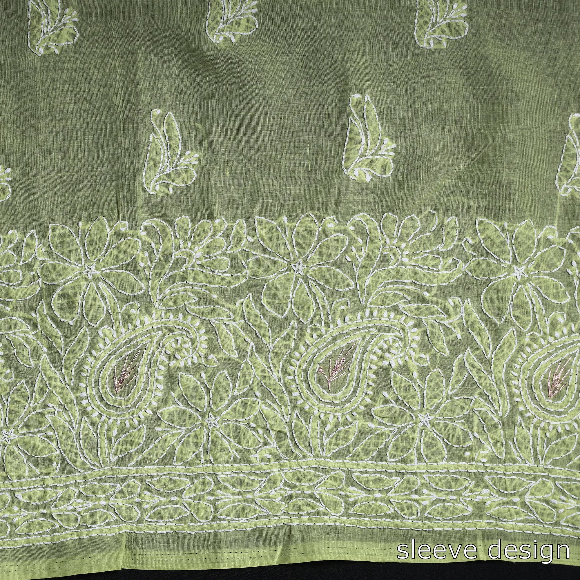 Green - Lucknow Chikankari with Parsi Style Embroidered Cotton Kurta Material - 2.95 Meter
