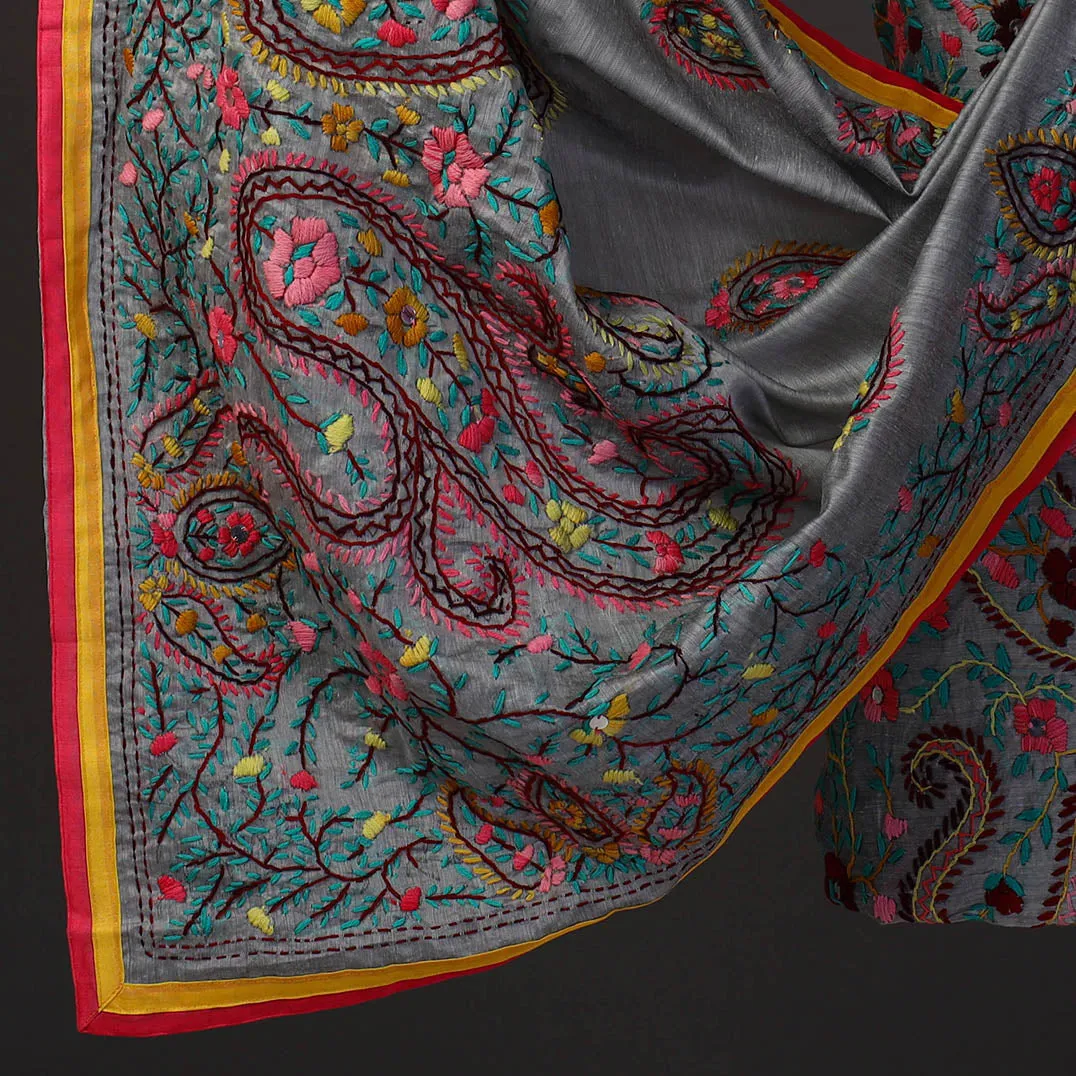 Grey - 3pc Hand Embroidery Chanderi Silk Phulkari Dress Material 55