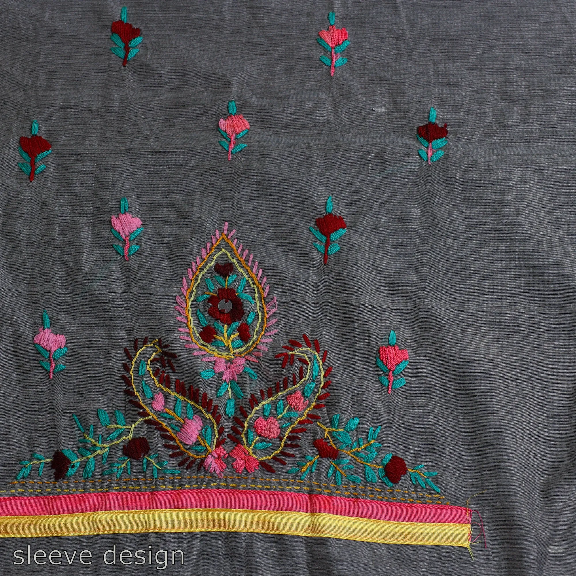Grey - 3pc Hand Embroidery Chanderi Silk Phulkari Dress Material 55