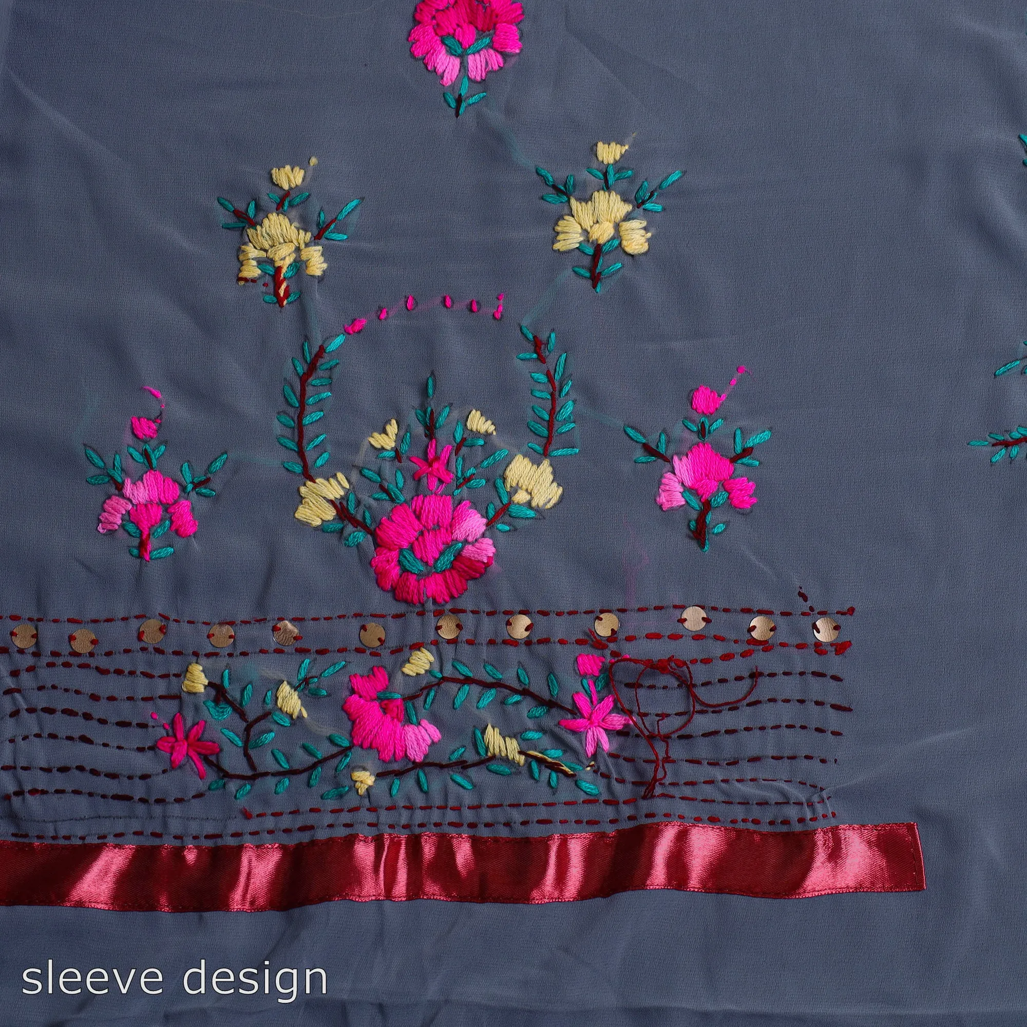 Grey - 3pc Hand Embroidery Georgette Phulkari Dress Material 27
