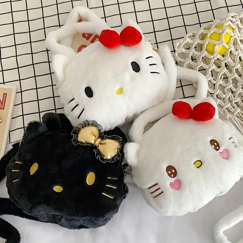 HelloKitty Sanrio Faux Fur Handbag | Anime Cartoon-Themed, Removable Strap, Zipper Closure, Polyester Lined